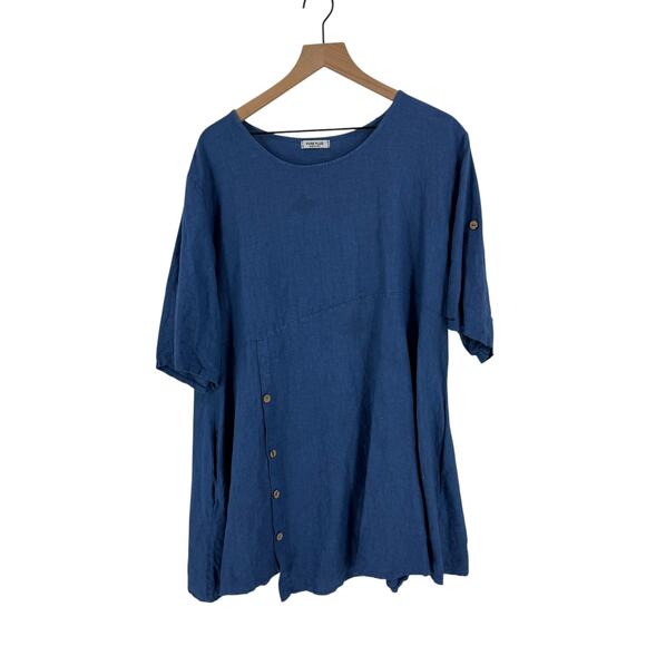 Pure Plus Made In Italy Linen Tunic Top Asymmetrical Button Front Oversized Blue - Picture 8 of 8